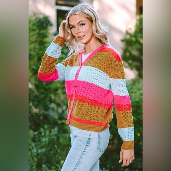 Striped V-Neck Button Up Cardigan - Picture 3 of 3